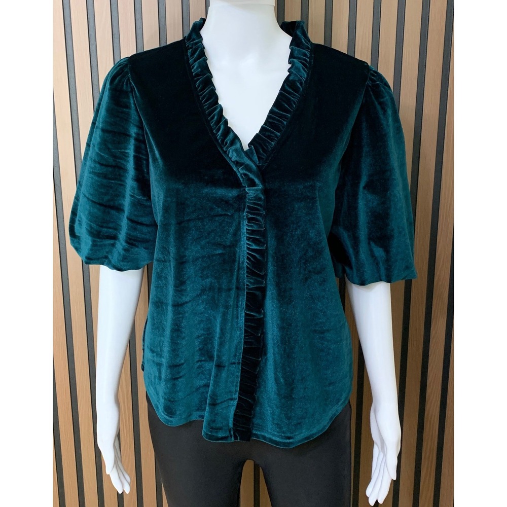 THML Women's Teal Green Velvet Ruffle V-Neck Puff Sleeve Top Small NEW